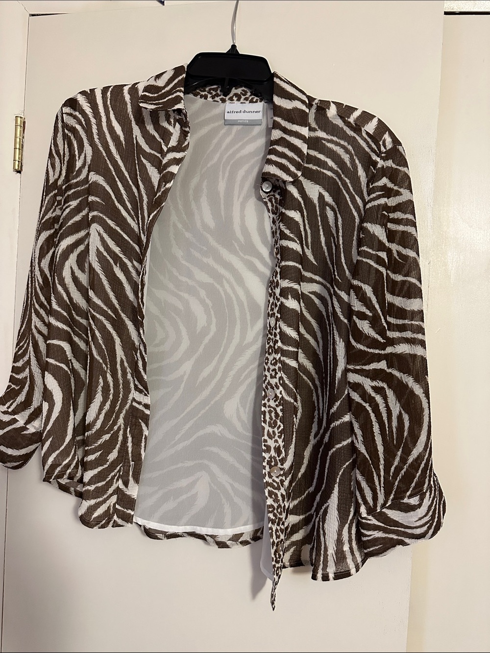 Alfred Dunner Brown and White Zebra-Print Sheer Button Front Cardigan